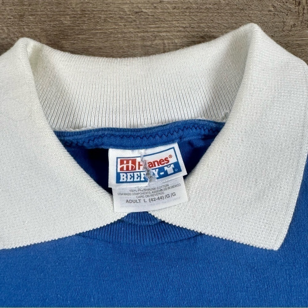 Blue Hawaii soft boy layered polo collar t shirt surf Hawaii men’s L Hanes - Picture 6 of 6